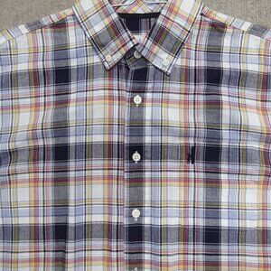 Johnnie O Shirt Medium Blue Windowpane Plaid Button Down Oxford 100% Cotton